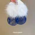 White Pom Pom And Blue Disc Statement Drop Earrings view 2