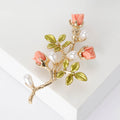Pink Rose Branch Brooch with Pearl and Green Leaves view 2