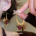 Gold Tone Brown and Burgundy Stone Fringe Hook Earrings view 1