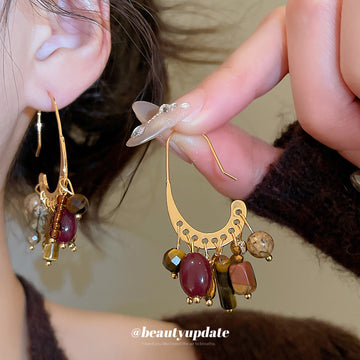 Gold Tone Brown and Burgundy Stone Fringe Hook Earrings