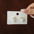 Gold White Enamel Bow Pearl Drop Stud Earrings Pair view 4