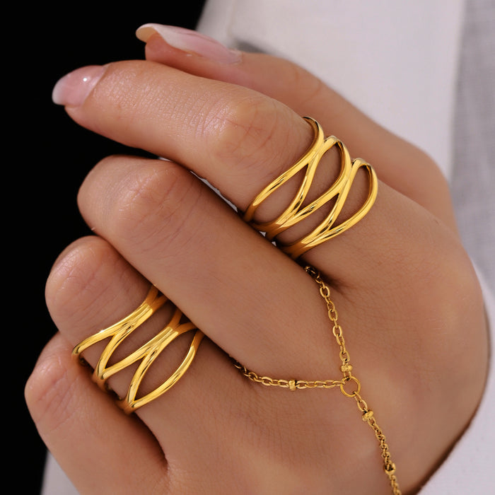 Open Multi Band Cross Wave Ring Gold Two Tone Steel