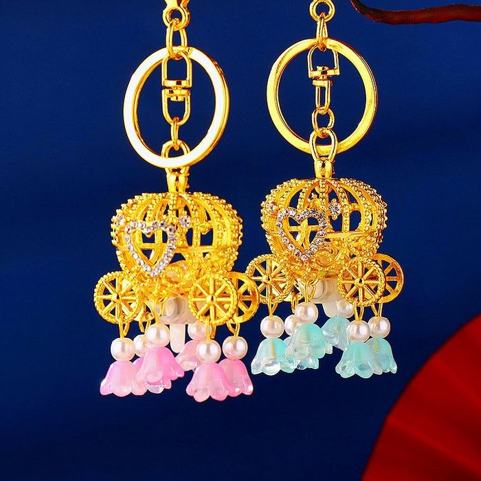 Illuminated Pumpkin Carriage Keychains With Floral Bead Tassels