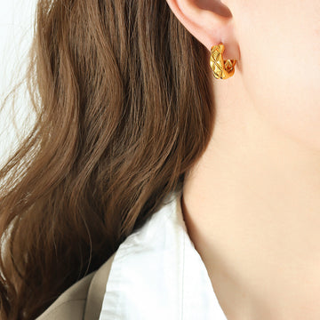 Quilted Geometric Huggie Hoop Earrings Gold Steel Tone