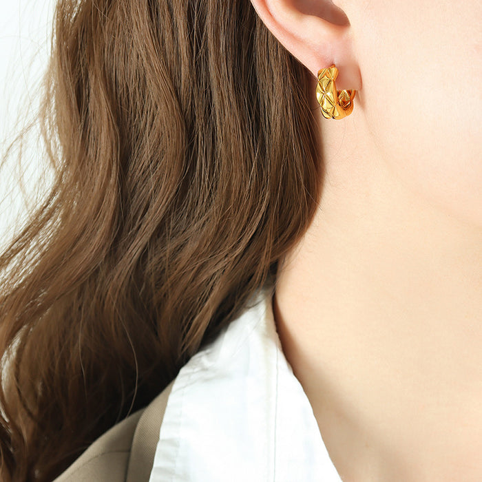 Quilted Geometric Huggie Hoop Earrings Gold Steel Tone