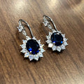 Deep Blue Oval And Marquise Halo Long Drop Earrings In Silver Tone view 3