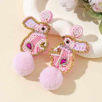 Pink Seed Bead Bunny Rabbit Earrings With Fluffy Pom Pom Tail