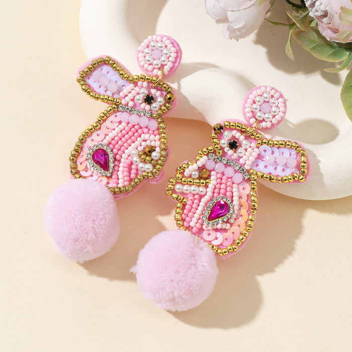 Pink Seed Bead Bunny Rabbit Earrings With Fluffy Pom Pom Tail