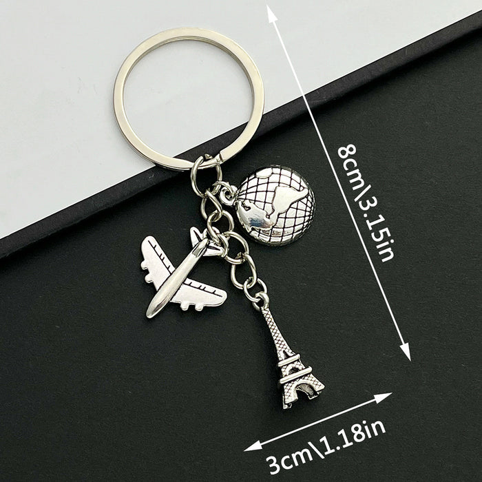 Antique Silver Airplane Globe and Eiffel Tower Travel Charm Keychain