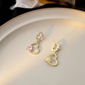 Gold Double Heart Pink Accent Long Dangle Stud Earrings view 4