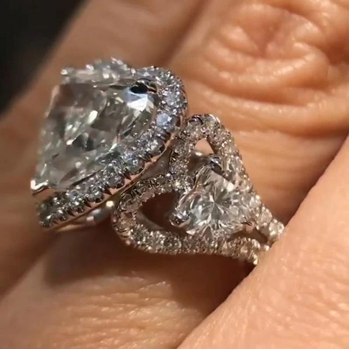 Heart Crystal Openwork Ring With Pavé Halo in Silver Tone