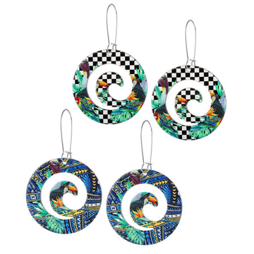 Tropical Bird Print Spiral Wire Earrings in Two Designs