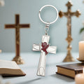 Silver Outline Cross and Red Rose Keychain and Attached Hardware view 2