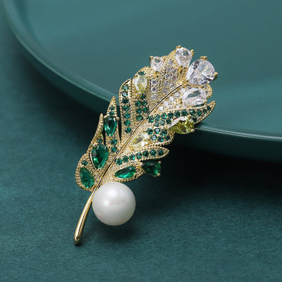 Crystal Feather With Pearl brooch shown from the front