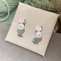 Pastel Three Flower Crystal Huggie Hoop Earrings Statement Jewelry Pair view 9