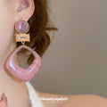 Pink Geometric Resin Drop Earrings With Square Open Frames view 3