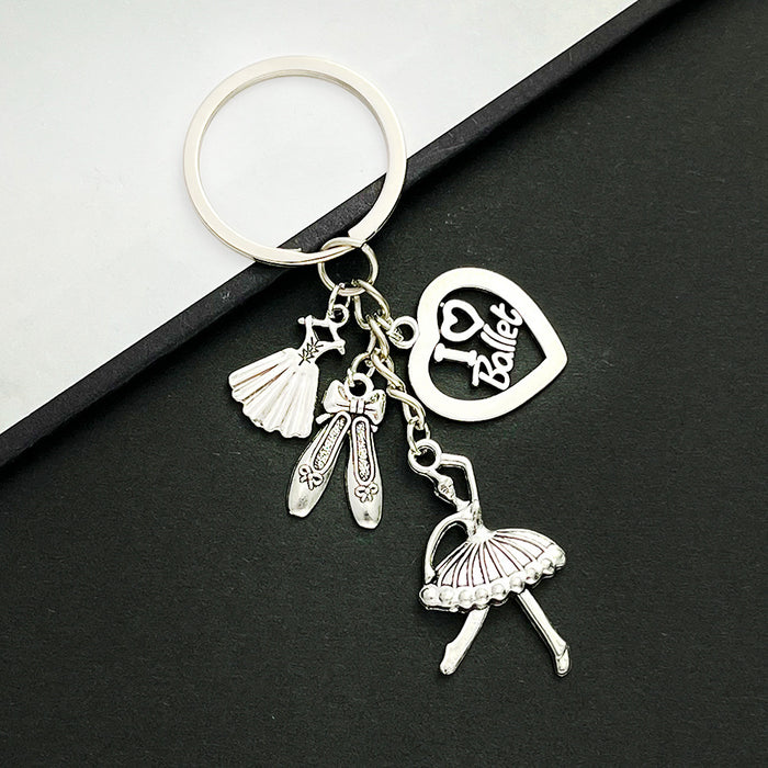 Antique Silver Ballerina Dress Shoe and Heart Charm Keychain