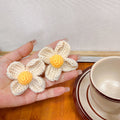 Crochet Yarn Flower Stud Earrings Cream and Green Styles view 6
