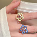 Open Enamel Flower Pink Crystal Rings Silver 2 Colors view 3