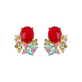 Gold-Tone Wine Red Oval Gem Floral Cluster Stud Earrings view 5