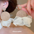 Raffia Disc And Fabric Petal Drop Earrings In Two Colors view 3