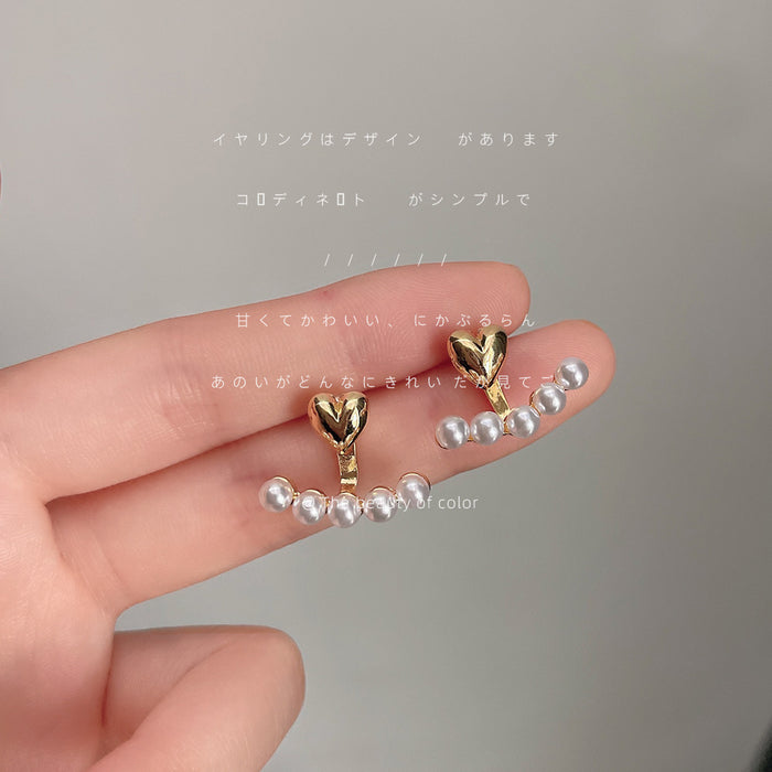 Gold Tone Heart Top And White Pearl Row Ear Jacket Stud Earrings