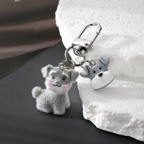 Gray flocked schnauzer keychain with matching face charm silver clasp