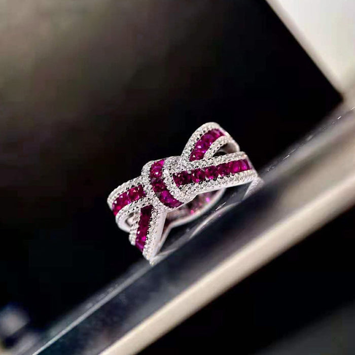 Ribbon Bow Pave Ring In Blue And Magenta Stone Options