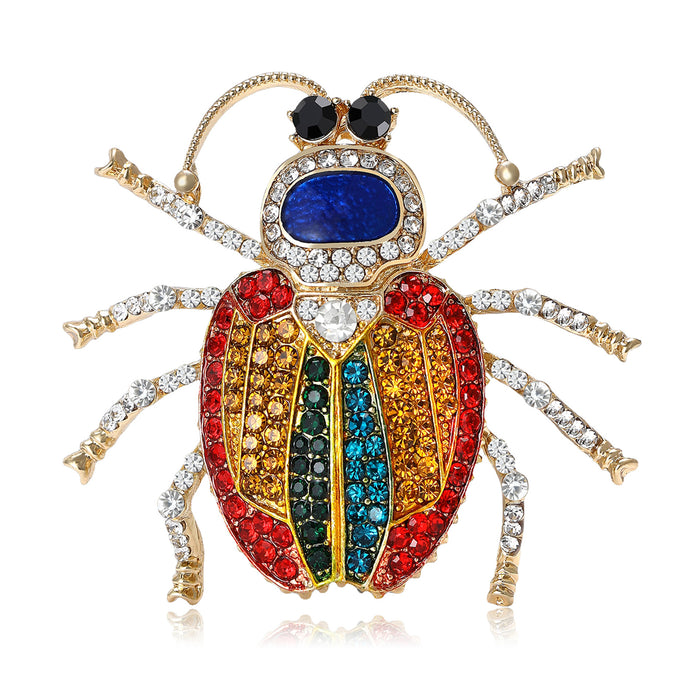 Multicolor Crystal Beetle Brooch With Striped Wing Case