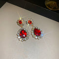 Red Teardrop Crystal Halo Short Drop Statement Earrings view 6