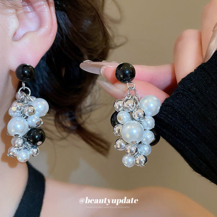 Black White and Silver Beaded Cluster Drop Stud Earrings