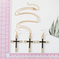 Gold Tone Crystal Outline Black Cross Necklace and Hook Earrings view 2