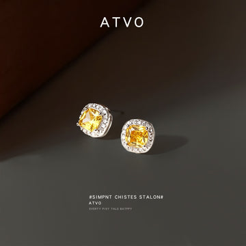 Silver Tone Pale Yellow Cushion Square Stone Clear Halo Stud Earrings