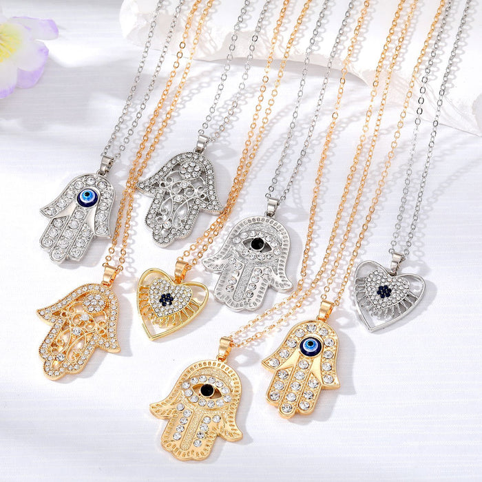 Gold and Silver Tone Crystal Hamsa and Heart Evil Eye Necklaces