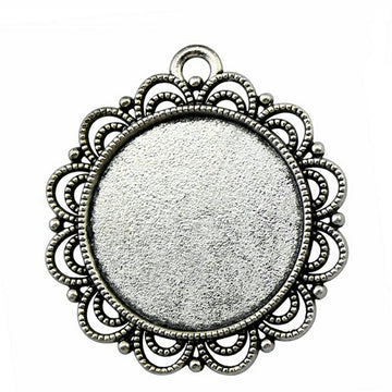 Scalloped Round Cabochon Pendant Tray in Antique Silver and Antique Bronze Metal Finish