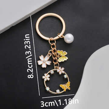 Yellow Openwork Butterfly Flower and Faux Pearl Charm Keychain