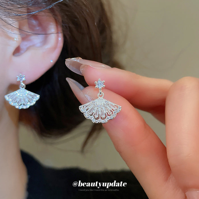Silver Crystal Fan Drop Stud Earrings with Openwork Ribs