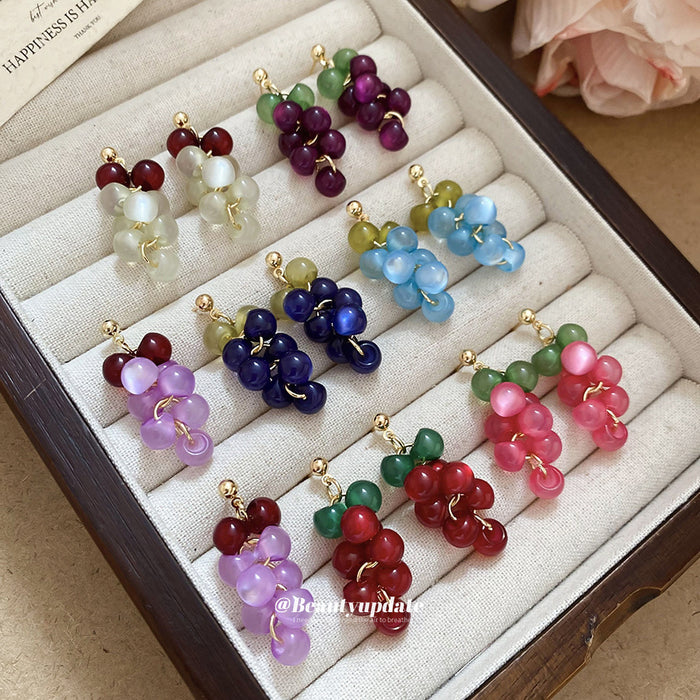 Translucent Grape Cluster Drop Stud Earrings With Decorative Metal Accents