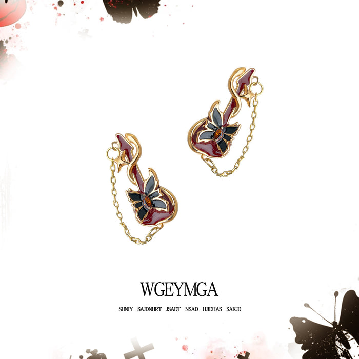 Gold Tone Multicolor Butterfly Guitar And Chain Stud Earrings