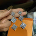 Silver Tone Square Crystal Cluster Drop Stud Earrings view 2
