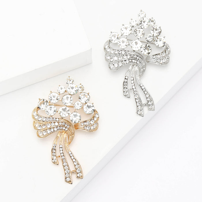 Crystal Flower Bouquet Brooch with Ribbon Stems Decorative Clothing Pin