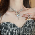 Silver Tone Large Flower Clear Crystal Necklace And Earring Set view 2