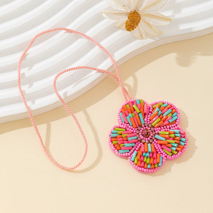 Beaded Multicolor Flower Pendant Necklace Pink Cord