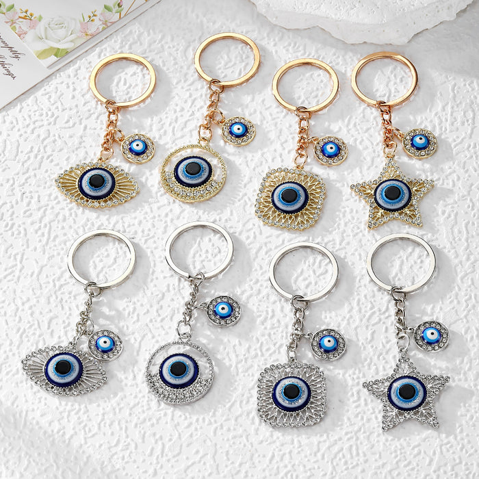 Rhinestone Evil Eye Keychains Gold Silver Eight Shapes