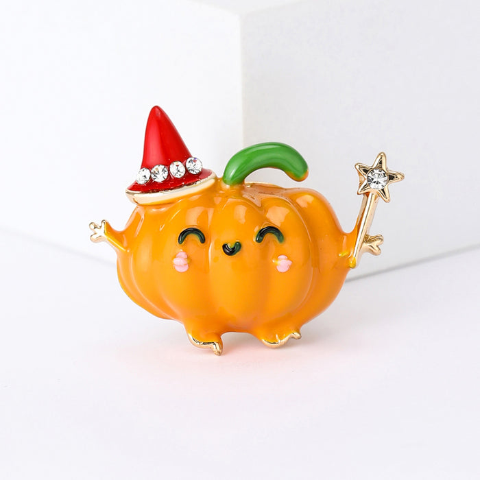 Orange Pumpkin Brooch with Red Hat and Sparkling Star Wand