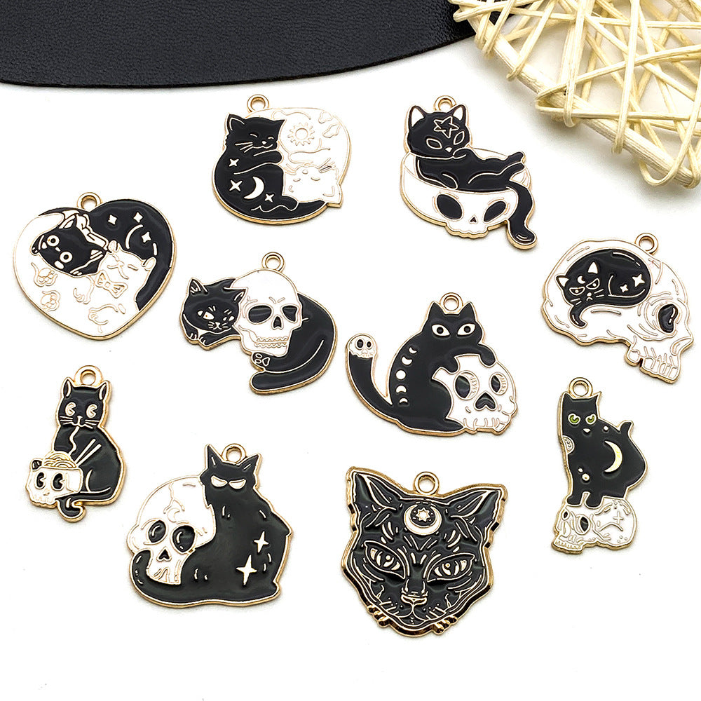 Enamel Zinc Alloy Black Cat Skull Halloween Charm Pendant for DIY Earrings Necklace