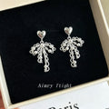 Silver Heart Stud Pearl Zircon Lace Bow Drop Earrings view 4