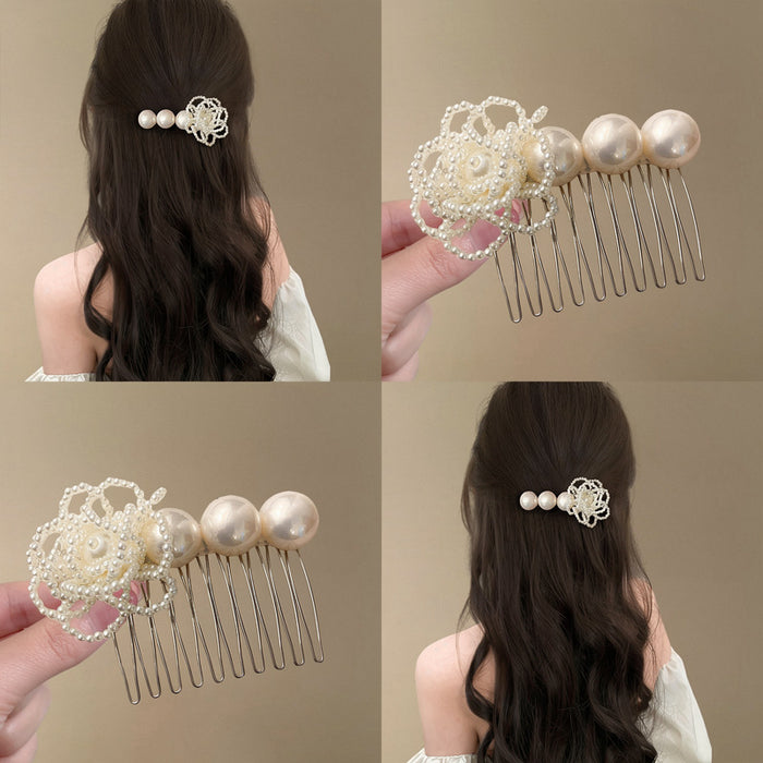 Pearl Flower Multi Tooth Hair Comb Blue Denim White