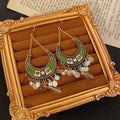 Bohemian Crescent Bead and Teardrop Fringe Long Hook Earrings view 3