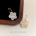 Gold Thin Hoop Cream Swirl Enamel Flower Charm Earrings view 3